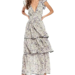 Happy x Nature Tiered Boho Plunge Neck Floral Ruffled Maxi Dress Women's Sz 6